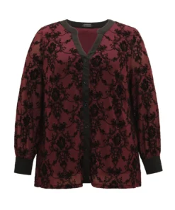 Floral Print Mesh V Neck Blouse -Clothing Shop 713184472 zj