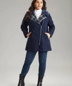 Plaid Asymmetrical Lapel Collar Patchwork Fuzzy Trim Coat 10 Plaid Asymmetrical Lapel Collar Patchwork Fuzzy Trim Coat -Clothing Shop 713302364 lg