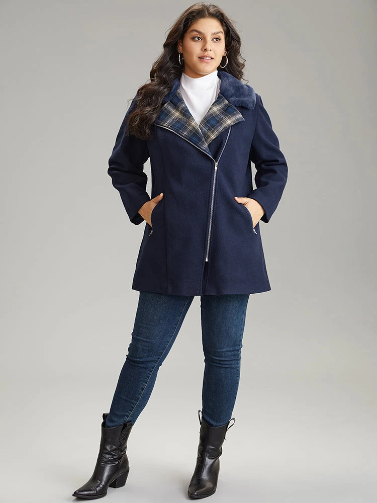 Plaid Asymmetrical Lapel Collar Patchwork Fuzzy Trim Coat 5 Plaid Asymmetrical Lapel Collar Patchwork Fuzzy Trim Coat - Image 3