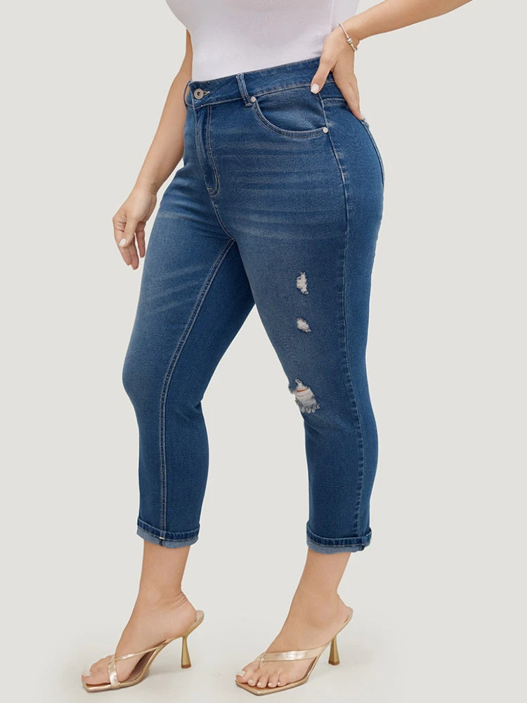 Very Stretchy High Rise Dark Wash Ripped Detail Cropped Jeans 8 Very Stretchy High Rise Dark Wash Ripped Detail Cropped Jeans - Image 6