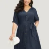 Solid Button Through Notched Belted Dress -Clothing Shop 713958569 yv