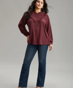 Stand Collar Solid Gathered Frill Trim Blouse -Clothing Shop 714049030 rn