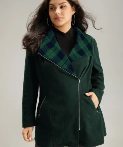 Plaid Patchwork Lapel Collar Zipper Coat -Clothing Shop 714104781 jq