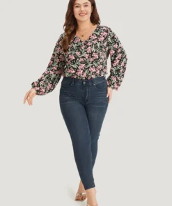 Floral Print V Neck Elastic Waist Lantern Sleeve Bodysuit -Clothing Shop 714762995 wg