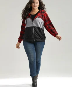Plaid Contrast Patchwork Drawstring Zipper Jacket -Clothing Shop 714900937 nz