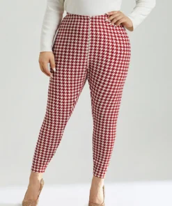 Christmas Houndstooth Elastic Waist High Rise Leggings