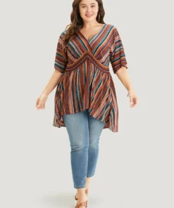 Striped Contrast Shirred Wrap High Low Hem Pocket Blouse -Clothing Shop 715337465 nh bcb5f7ee e289 4375 9473 aa6c5b0fe0c4