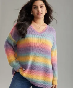 Rainbow Ombre V Neck Loose Pullover