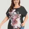 Floral Print Crew Neck Roll Dolman Sleeve Blouse -Clothing Shop 715974037 hq