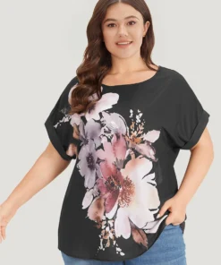 Floral Print Crew Neck Roll Dolman Sleeve Blouse
