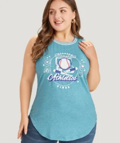 Baseball & Letter Print Arc Hem Contrast Trim Tank Top