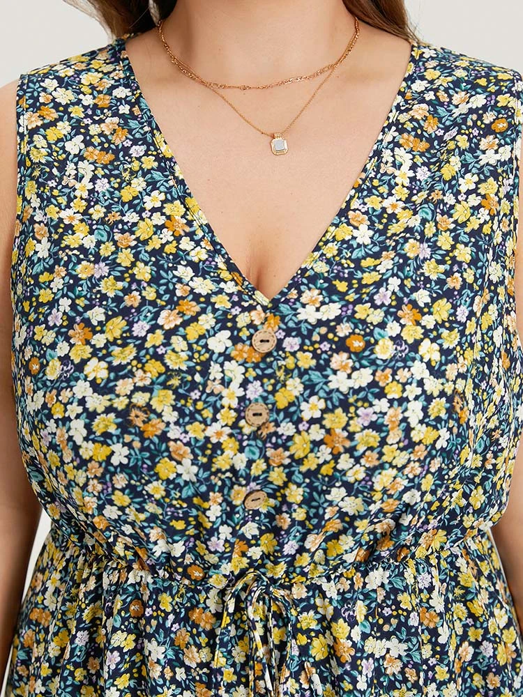 Ditsy Floral V Neck Pocket Gathered Sleeveless Dress 8 Ditsy Floral V Neck Pocket Gathered Sleeveless Dress - Image 6