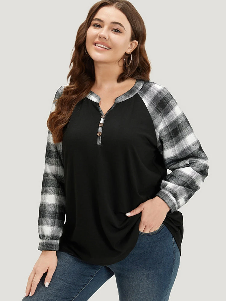 Plaid Patchwork Notched Button Detail Sweatshirt 4 Plaid Patchwork Notched Button Detail Sweatshirt - Image 2