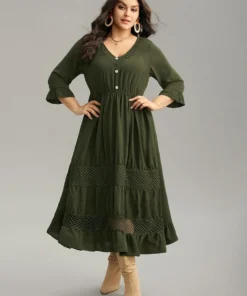 Plain Ruffles Patchwork Button Detail Cut Out Dress