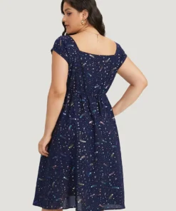 Star Glitter Pocket Ruched Square Neck Dress -Clothing Shop 717001390 zg