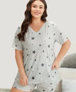 Star Print V Neck Short Sleeve Sleep Top