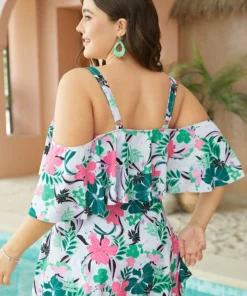 Tropical Adjustable Straps Cold Shoulder Ruffles Trim Swim Dress -Clothing Shop 717536195 gq