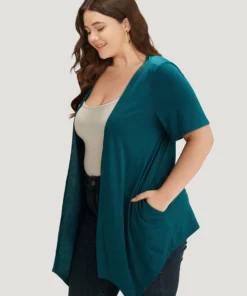 Plain Open Front Pocket Asymmetrical Hem Kimono -Clothing Shop 717582005 lq