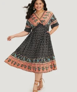 Bandana Print Wrap Shirred Batwing Sleeve Dress -Clothing Shop 718138198 ck