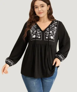 Floral Embroidered Knot Neck Lantern Sleeve T-shirt 23 Floral Embroidered Knot Neck Lantern Sleeve T-shirt -Clothing Shop 718233636 ww b1fc8840 b459 47ea 8c79 ef322874c7e5