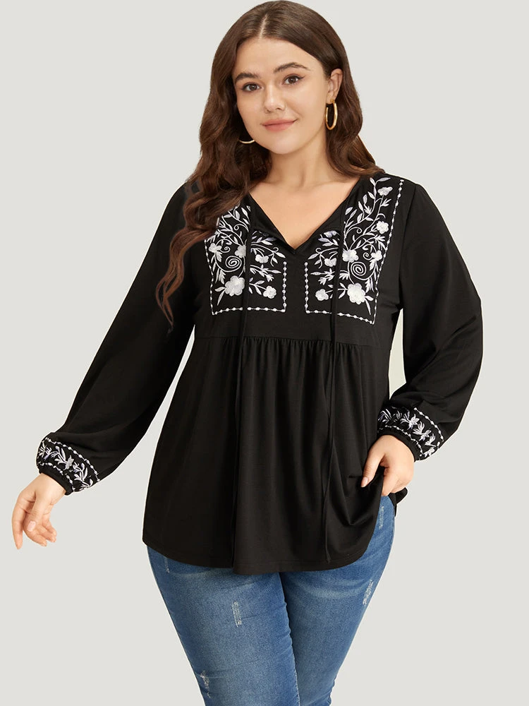 Floral Embroidered Knot Neck Lantern Sleeve T-shirt 4 Floral Embroidered Knot Neck Lantern Sleeve T-shirt - Image 2