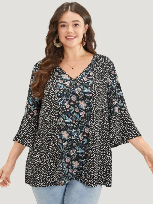 Plants Print Patchwork V Neck Bell Sleeve Blouse -Clothing Shop 718261174 vx 257fd9f6 bae4 4075 a964 07066b4c63d2