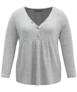 V Neck Texture Button Up Rib Knit T-shirt -Clothing Shop 718307030 qf