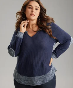 Waffle Knit Two Tone Notched Patchwork T-shirt 10 Waffle Knit Two Tone Notched Patchwork T-shirt -Clothing Shop 718406025 eg