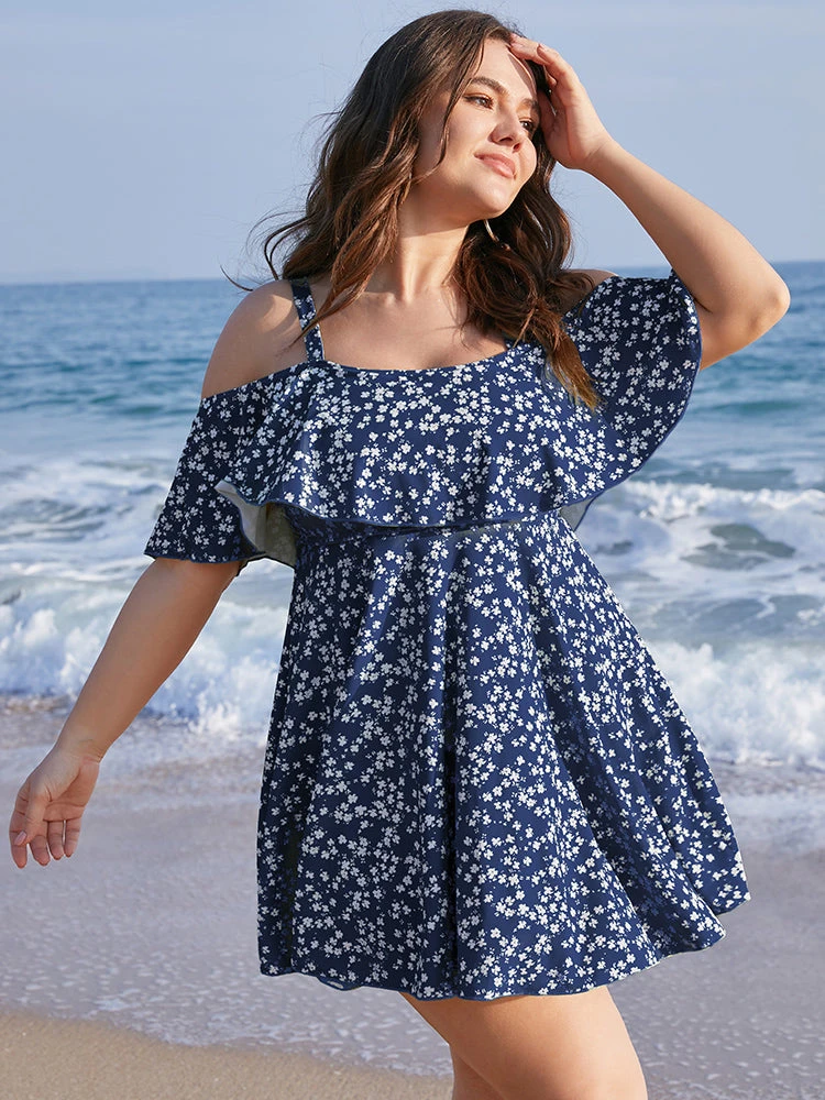 Ditsy Floral Cold Shoulder Sculpt Waist Ruffles Swim Dress 17 Ditsy Floral Cold Shoulder Sculpt Waist Ruffles Swim Dress - Image 15