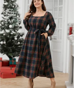 Plaid Lantern Sleeve Pocket Belted Square Neck Dress