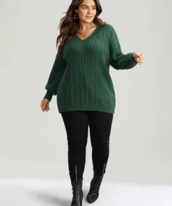 Lurex Cable Knit Plain V Neck Pullover -Clothing Shop 718854634 jv