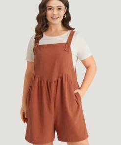Solid Pocket Button Through Gathered Overall Jumpsuit