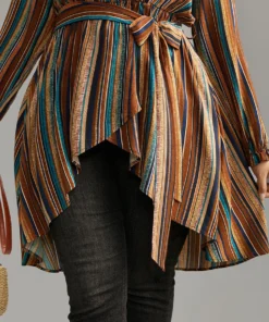 Striped Overlap Collar Arc Hem Belted Blouse -Clothing Shop 719162721 hy a0fdf684 f843 45a7 8d65 b62f704f7acc