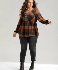 Floral Embroidered Gathered Lantern Sleeve T-shirt -Clothing Shop 71940188 fz