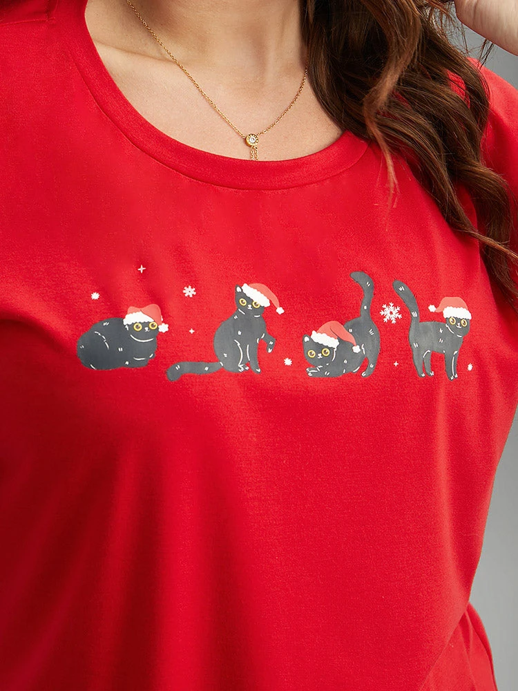 Christmas Cat Print Cuffed Sleeve T-shirt 6 Christmas Cat Print Cuffed Sleeve T-shirt - Image 4