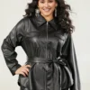 Plain PU Leather Knot Pocket Zipper Belted Jacket -Clothing Shop 720986867 cu