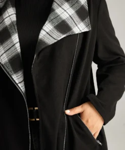 Plaid Patchwork Lapel Collar Zipper Coat -Clothing Shop 721590027 cr