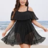 Plain Mesh Ruffle Trim Cold Shoulder Swim Dress -Clothing Shop 722416770 ou