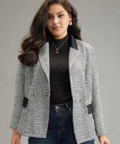 Houndstooth Lapel Collar Button Detail Blazer -Clothing Shop 722432672 ht