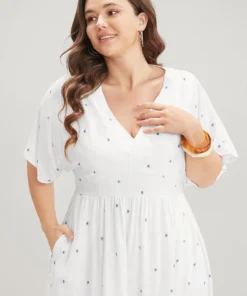 Floral Print Dolman Sleeve V Neck Pocket Ruffle Hem Dress -Clothing Shop 722970326 rx