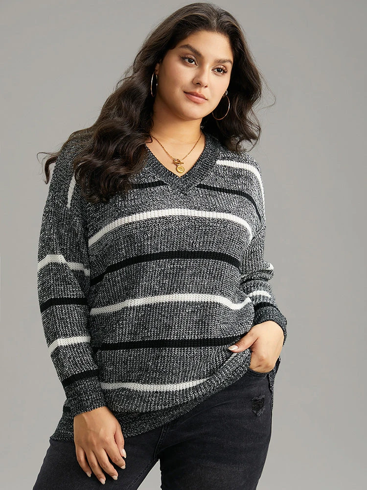 V Neck Striped Contrast Heather Pullover 6 V Neck Striped Contrast Heather Pullover - Image 4