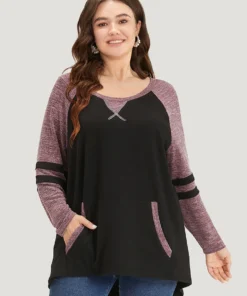 Striped Contrast Pocket Raglan Sleeve High Low Hem Sweatshirt