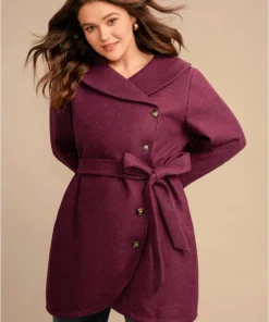 Solid Foldover Collar Pocket Asymmetrical Hem Belted Coat -Clothing Shop 724514561 bq