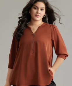 Anti-Wrinkle Plain Half Zip Gathered Blouse