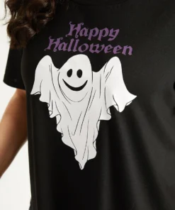 Halloween Ghost & Letter Print Crew Neck Sleep Top -Clothing Shop 725355023 rf