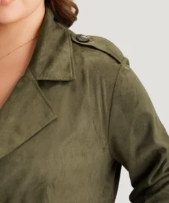 Plain Lapel Collar Pocket Belted Faux Suede Coat -Clothing Shop 726868006 cx