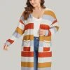 Striped Contrast Patched Pocket Open Front Kimono -Clothing Shop 727064262 fk