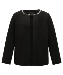 Solid Pearl Beaded Detail Open Front Jacket -Clothing Shop 727948163 md