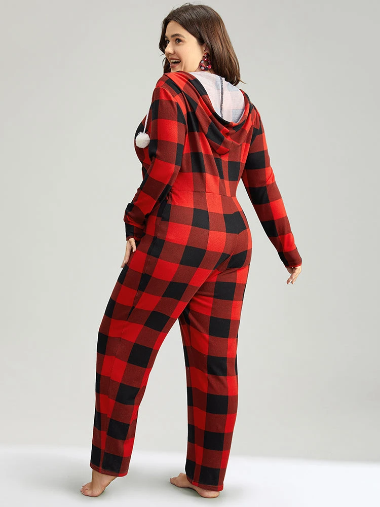 Plaid Zipper Hooded Fluffy Ball Pocket Sleep Jumpsuit 4 Plaid Zipper Hooded Fluffy Ball Pocket Sleep Jumpsuit - Image 2
