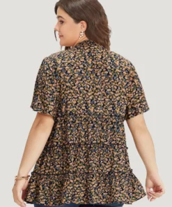 Ditsy Floral Frill Trim Shirred Mock Neck Blouse -Clothing Shop 72842049 iu